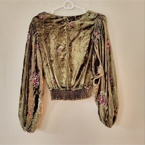 Anthropologie Tori Embroidered Velvet Blouse by Seen Worn Kept in Green - Picture 6 of 8